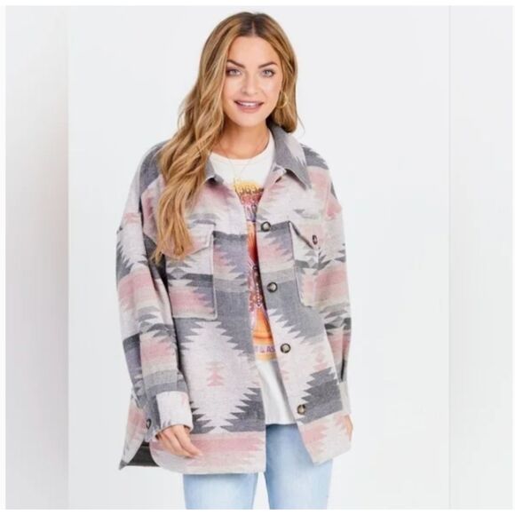 Altar'd State Southwestern Shacket Aztec Print Heavy Gray Pink Size Large - Picture 1 of 5